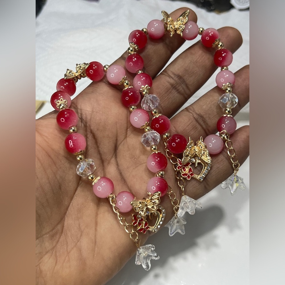 2 Elegant Pink and Red glass Beaded bracelets with Gold Accents